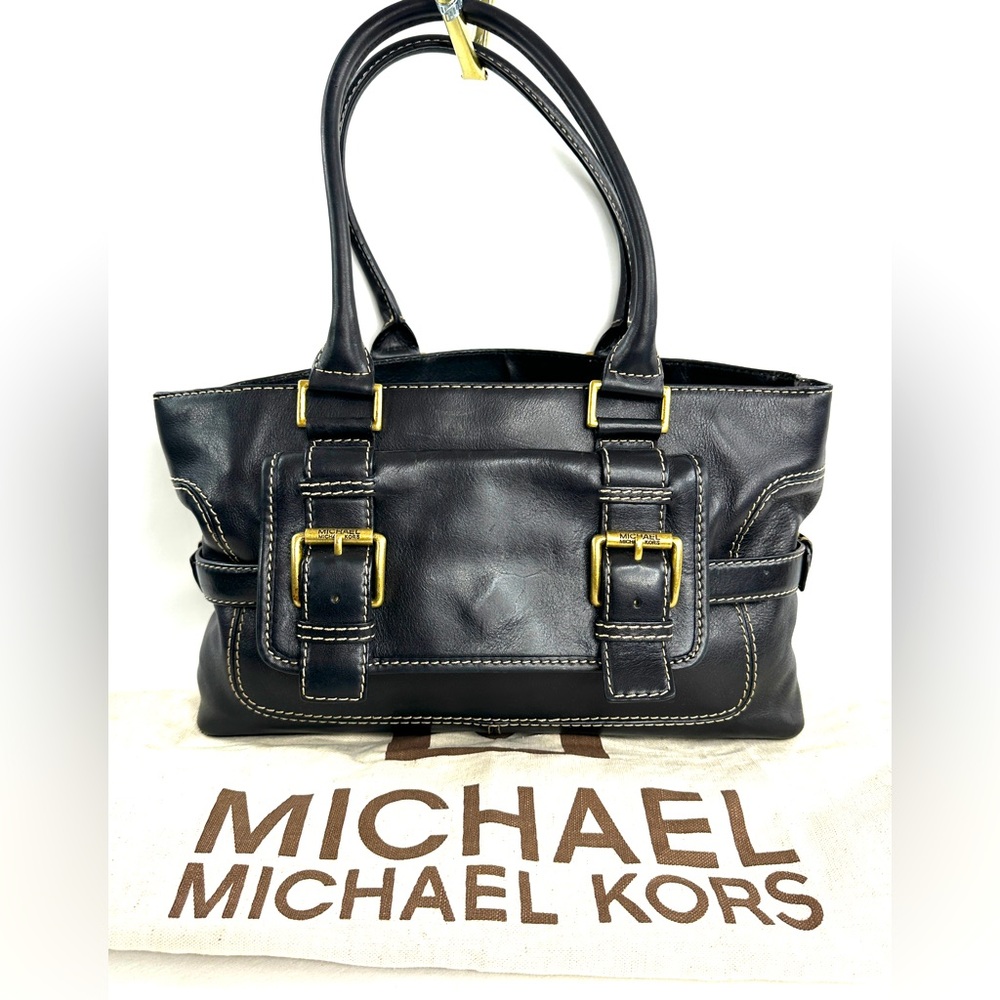 Michael Kors Black Leather Medium Shoulder Bag Side Belted Brass Logo Buckles - Picture 1 of 13